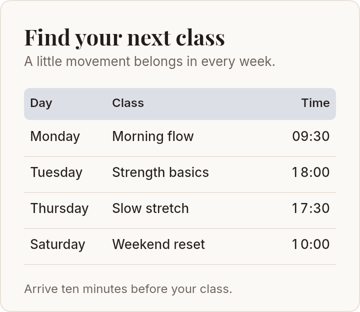 Studio schedule — email template rendered by DynaMail