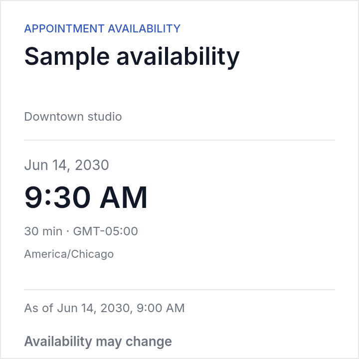 Sample availability card showing an upcoming appointment in the service timezone