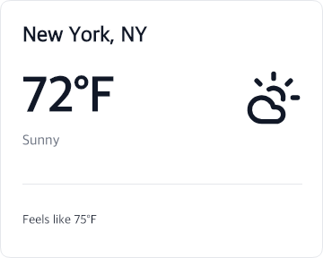 Current weather card showing location, temperature, condition, and feels-like temperature