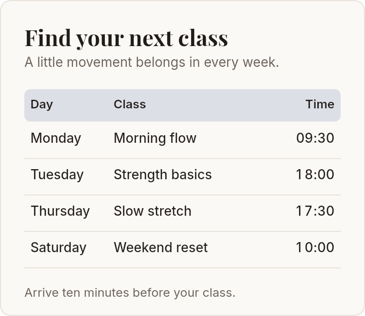Studio schedule listing four classes with days and times