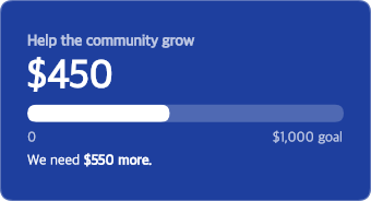 Fundraising progress card rendered by DynaMail showing the amount raised toward a goal and the amount still needed