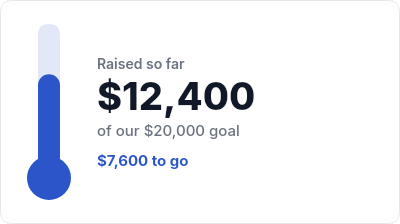 Fundraising thermometer rendered by DynaMail showing $12,400 raised of a $20,000 goal, with $7,600 to go