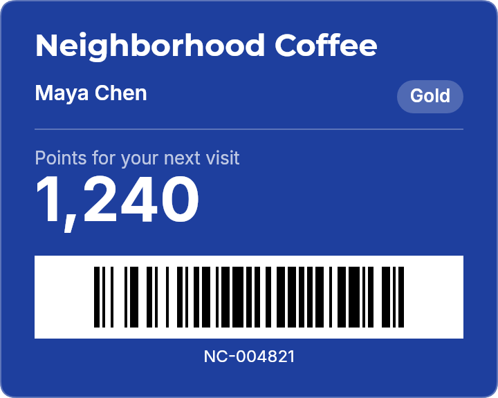 Neighborhood Coffee membership card with points and member barcode