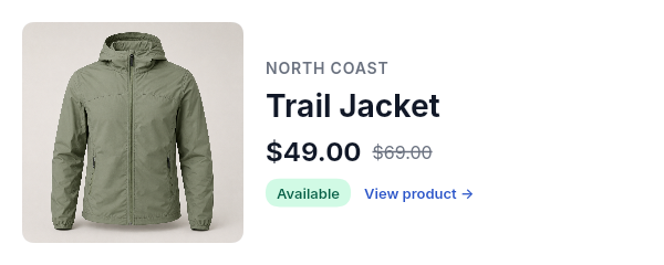 Product card widget for email rendered by DynaMail: a compact horizontal card with a product photo on the left and brand, name, price, and availability on the right