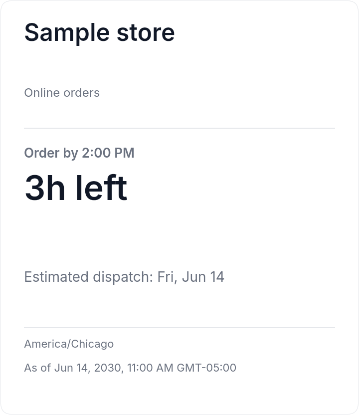 Sample Shipping Cutoff card with countdown, dispatch date, timezone, and timestamp