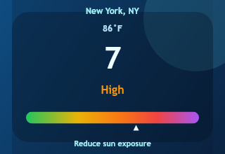 UV index card for New York showing a reading of 7, rated High, on a color scale with sun advice